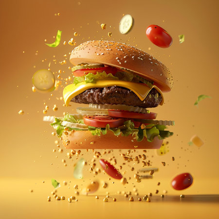 Burger with flying ingredients on a yellow background. 3d renderingの素材