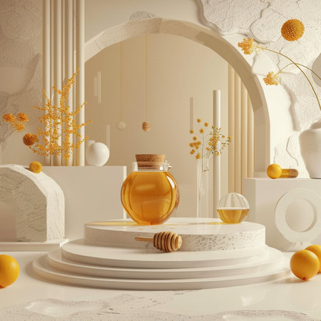 3d render of white marble podium with honey and flowers in the interior.の素材