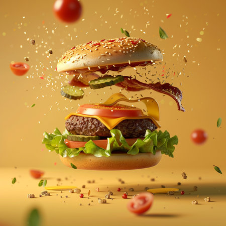 Big hamburger with flying ingredients on yellow background. 3d renderingの素材