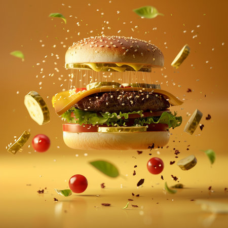 Flying hamburger with flying ingredients on a yellow background. 3d renderingの素材