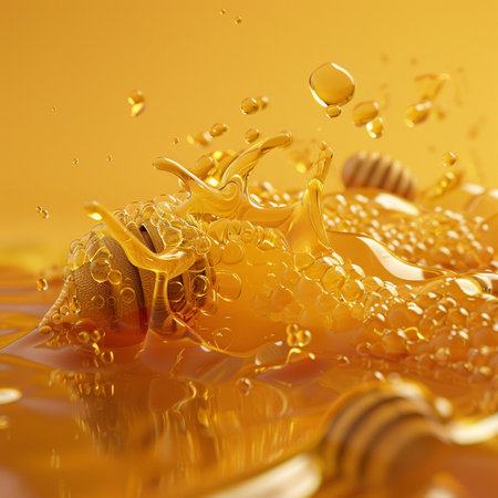 Honey background with honeycombs and drops. 3d renderingの素材