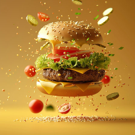 Flying hamburger with flying ingredients on yellow background. 3d renderingの素材