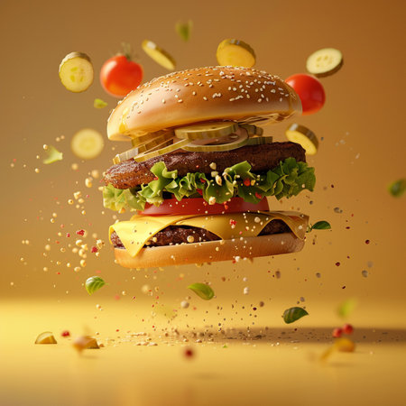 Burger with flying ingredients on a yellow background. 3d renderingの素材