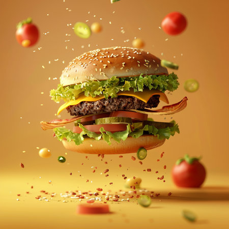 Flying hamburger with flying ingredients on orange background. 3d renderingの素材