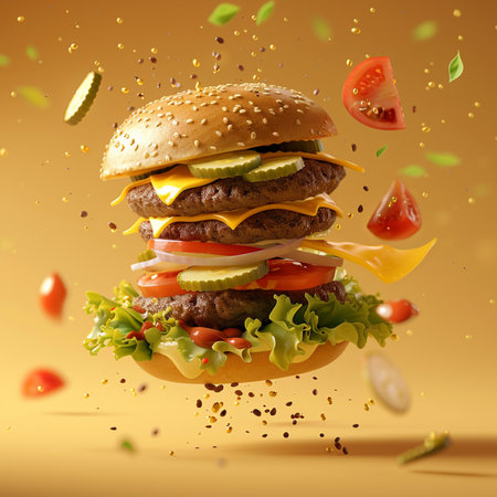 Big hamburger with flying ingredients on yellow background. 3d renderingの素材