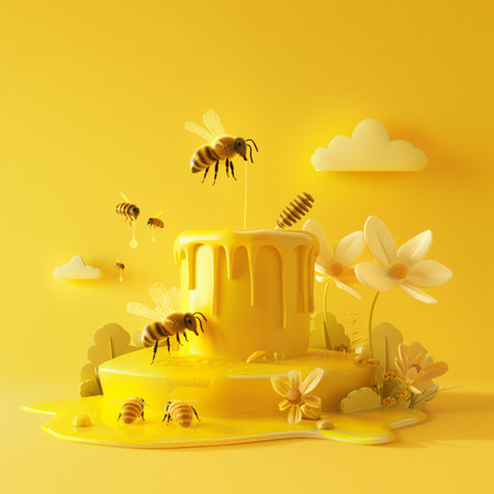Cake with honey and bees on yellow background. 3d renderの素材