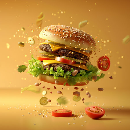 Flying hamburger with flying ingredients on yellow background. 3d renderingの素材