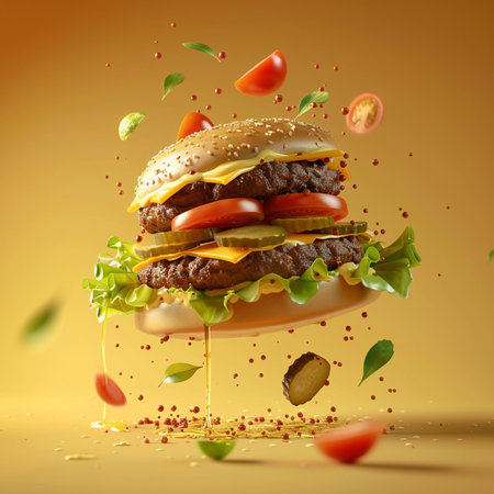 Hamburger with flying ingredients on yellow background, 3d illustrationの素材