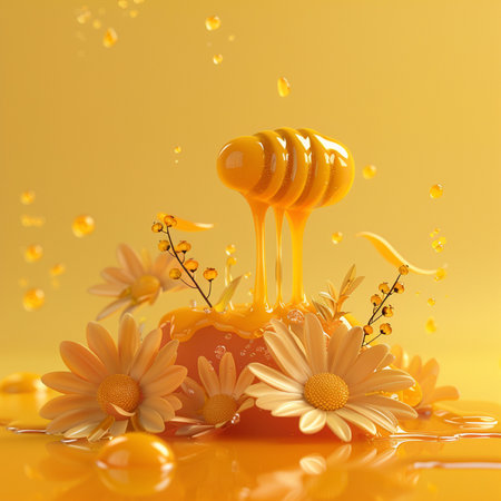 Honey dripping from a wooden honey dipper on a yellow backgroundの素材