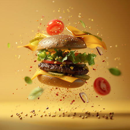 Flying hamburger with flying ingredients on yellow background. 3d renderingの素材