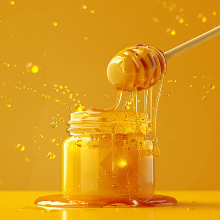 Honey dripping from a wooden honey dipper into a jar on yellow backgroundの素材
