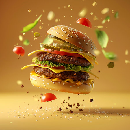 Big hamburger with flying ingredients on a yellow background. 3d renderingの素材