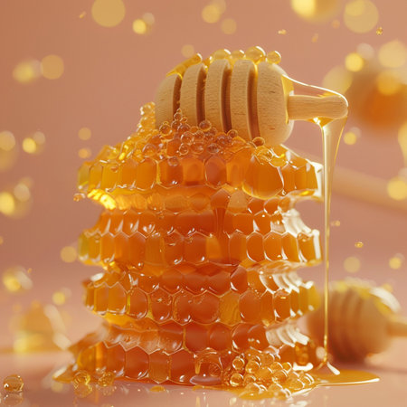 Honey dripping from a wooden honey dipper on a pink backgroundの素材