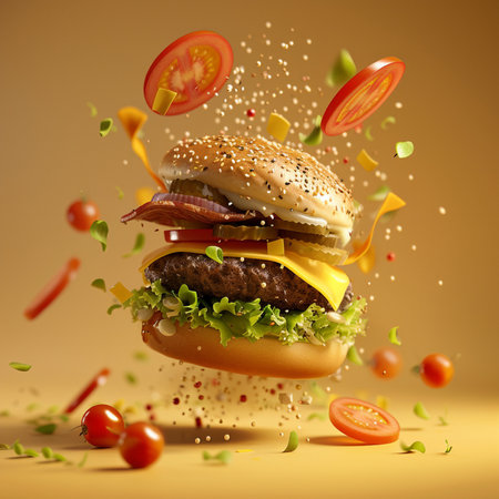 Hamburger with flying ingredients on a yellow background. 3d renderingの素材