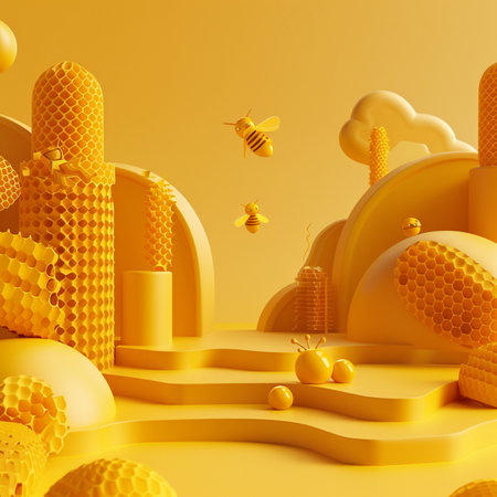 3d render of abstract background with honeycombs and bees.の素材