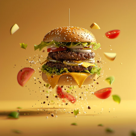 Flying hamburger with flying ingredients on yellow background. 3d illustrationの素材
