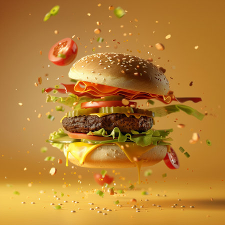 Burger with flying ingredients on a yellow background. 3d renderingの素材