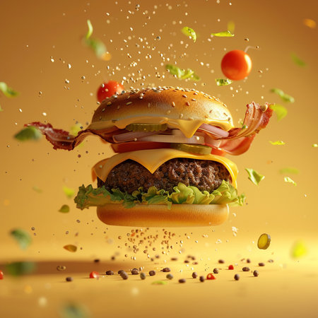 Burger with flying ingredients on a yellow background. 3d renderingの素材