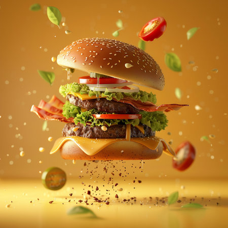Flying hamburger with flying ingredients on yellow background. 3d renderingの素材