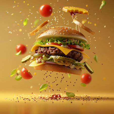 Flying hamburger with flying ingredients on yellow background. 3d renderingの素材