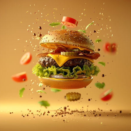 Flying hamburger with flying ingredients on yellow background. 3d renderingの素材