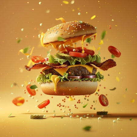 Flying hamburger with flying ingredients on yellow background. 3d renderingの素材