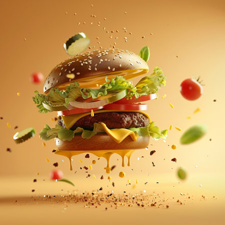 Burger with flying ingredients and splashes on orange background. 3d renderingの素材