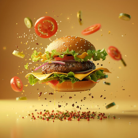 Burger with flying ingredients and splashes on a yellow background.の素材