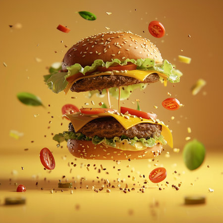 Big hamburger with flying ingredients on yellow background. 3d renderingの素材