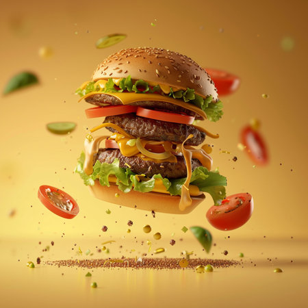Flying hamburger with flying ingredients on yellow background. 3d renderingの素材