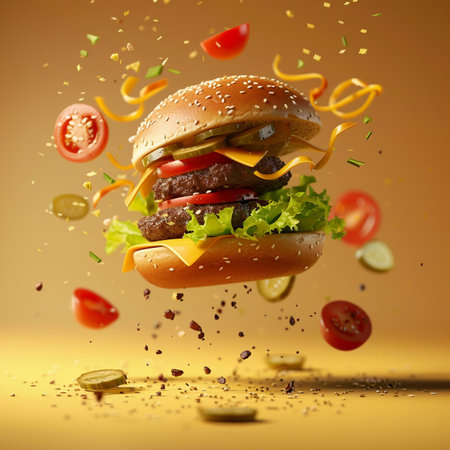 Flying hamburger with flying ingredients on yellow background. 3d renderingの素材