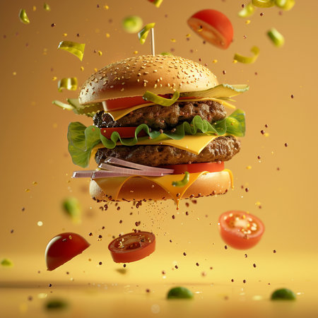 Flying hamburger with flying ingredients on yellow background. 3d renderingの素材