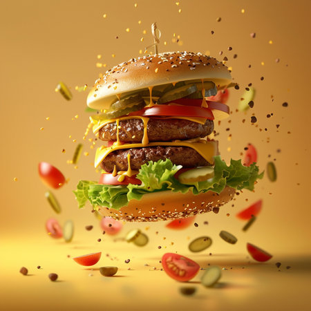 Big tasty hamburger with flying ingredients on yellow background. 3d renderingの素材