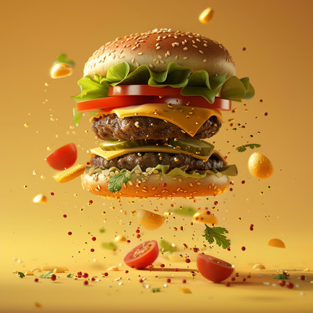 Flying hamburger with flying ingredients on yellow background. 3d renderingの素材