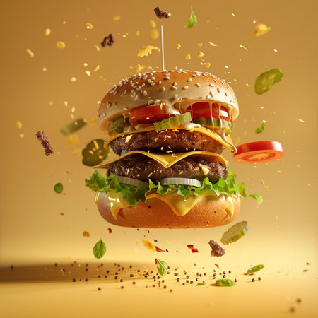 Flying hamburger with flying ingredients on yellow background. 3d renderingの素材
