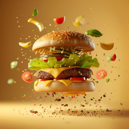 Flying hamburger with flying ingredients on yellow background. 3d renderingの素材