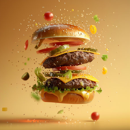 Big hamburger with flying ingredients on yellow background. 3d renderingの素材