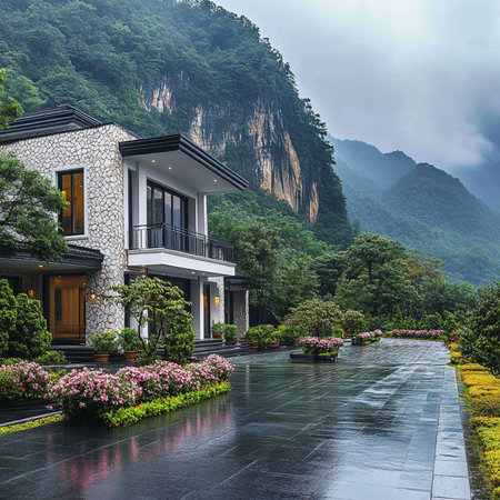 Luxury house in the middle of the mountains on a foggy dayの素材