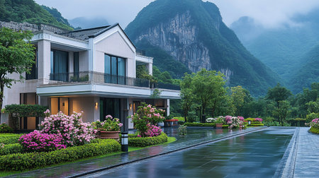 Luxury villa with garden and mountains in the background.の素材