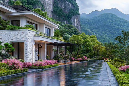 Luxury villa in the mountains on a cloudy day.の素材