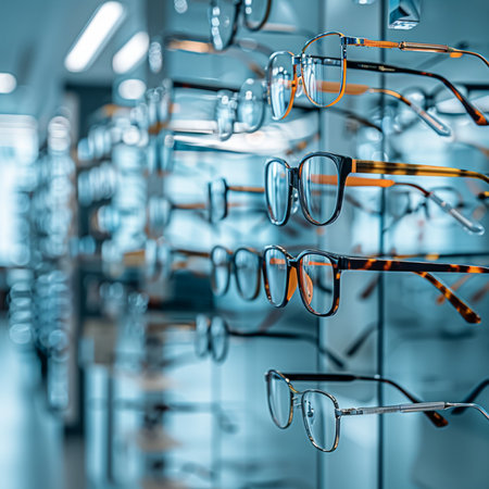 Glasses in a row in a optics store. 3d renderingの素材