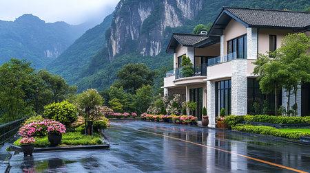 Luxury villas in the mountains on a rainy day.の素材