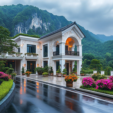 Luxury villa in the mountains at sunset, Thailand.の素材
