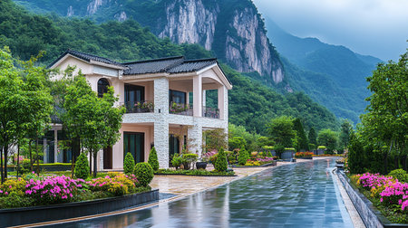 Beautiful chinese villas in the park and mountains on backgroundの素材