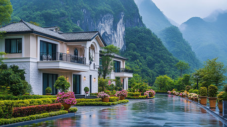 Landscape view of a beautiful Chinese garden in a rainy day.の素材