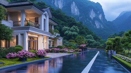 Beautiful villa in the mountains at night, Guilin, Chinaの素材
