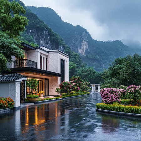 Beautiful villa on the lake in the evening, Vietnam.の素材