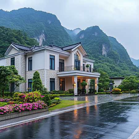 Luxury villa on the hillside with green mountain background.の素材