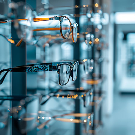 Glasses on display in a optician shop, close-upの素材