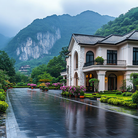 Beautiful villa in the park on the hill in Hangzhou, Chinaの素材